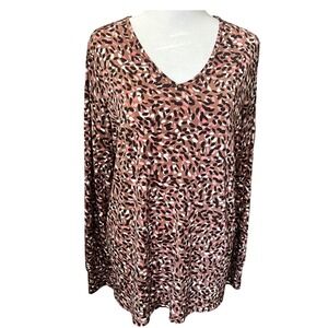 Susan Graver Brown Animal Print Long Sleeve V Neck Tunic Top  Size Medium Casual